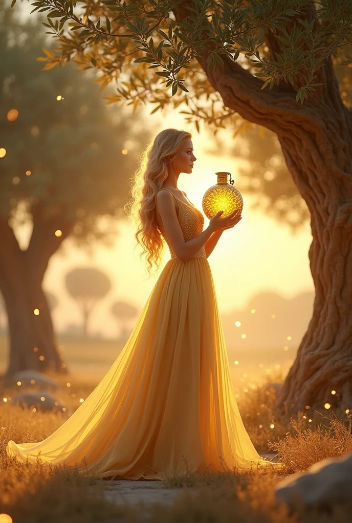 A captivating 3D ultra-high resolution image of a radiant American blonde woman donning an elegant, flowing gown. She gracefully holds an ornate olive oil jar, emitting a soft, golden glow. Surrounding her are ancient, gnarled olive trees, their branches reaching towards the sky. The mystical environment is illuminated by ethereal light beams and flowing energy waves, creating a mesmerizing, vibrant spectacle. In the background, a dreamy landscape unfolds, with light clouds and faint, luminous particles painting the sky. The atmosphere envelops you in a powerful, transformative experience, as if you're witnessing a pivotal moment in the story of this enchanting scene.