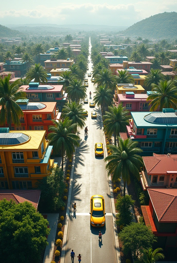 Aerial view of the future city of Port-au-Prince, Haiti. Splendid view, colored, Nature verte des palmistes en evidence, les routes bien tracées, les maisonnettes coloredes, Les passants, the cars. fabuleux, captivating. Imaginaire. I call on your engineering expertise