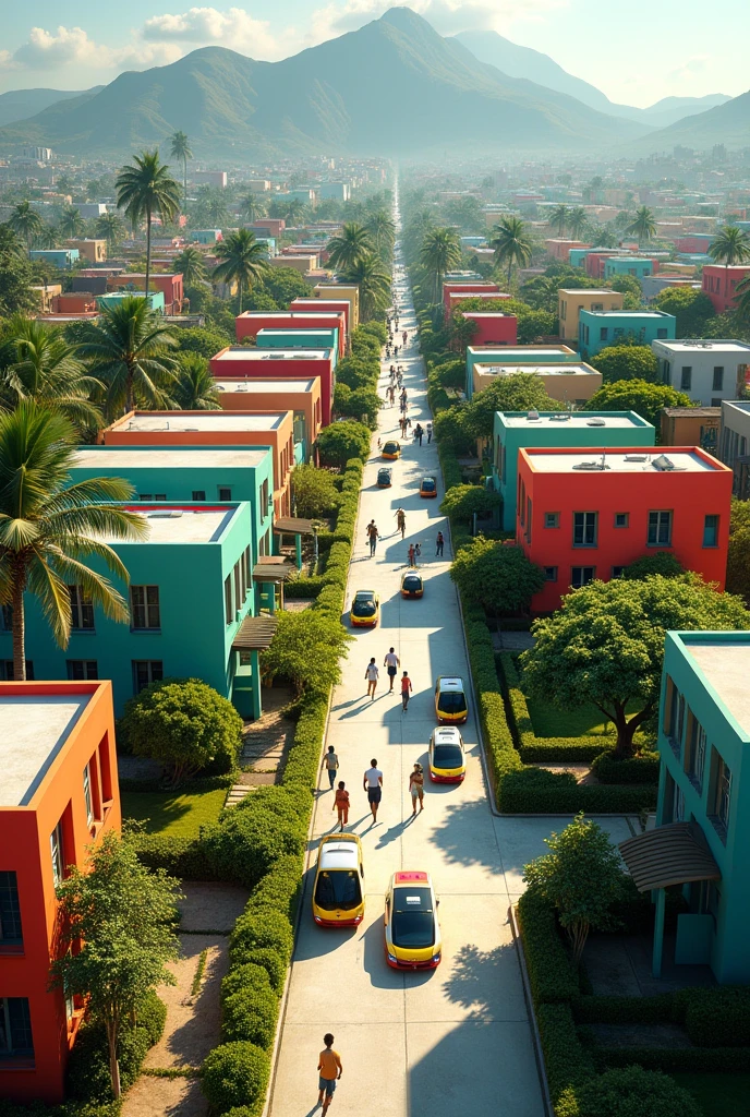 Aerial view of the future city of Port-au-Prince, Haiti. Splendid view, colored, Nature verte des palmistes en evidence, les routes bien tracées, les maisonnettes coloredes, Les passants, the cars. fabuleux, captivating. Imaginaire. I call on your engineering expertise