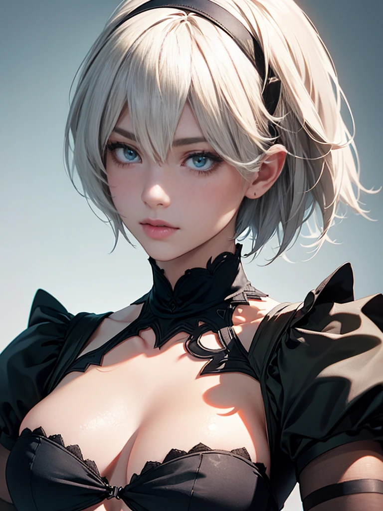 {(masterpiece,best quality, 16K portrait, UHD, extremely detailed the work, detailed beautiful face and eyes and skin and hair)}
BREAK {(ultra realistic photo graphic style)}
BREAK {solo,(2B of Nier-Automa:1.4), (lightbrown-lightwhite colored hair:1.4, short cut hair), (medium mouth),(narrow and sharp eyes),(attractive blue-glay eyes:1.4),(left-eye hidden by bangs:1.2),(slender body,small breasts):1.2,captivating lips}
BREAK {(Nier-Automata-2B costume:1.2),(cleavage between breasts:1.2),(hairband)}
BREAK {(closeup eyes:1.4)}