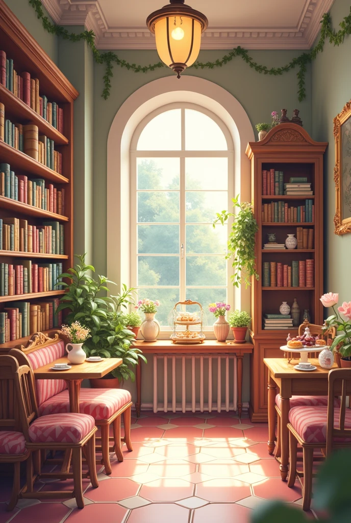 Poster : library with selling pastries inside with tables and chairs without people. French vibe aesthetic and cutesy