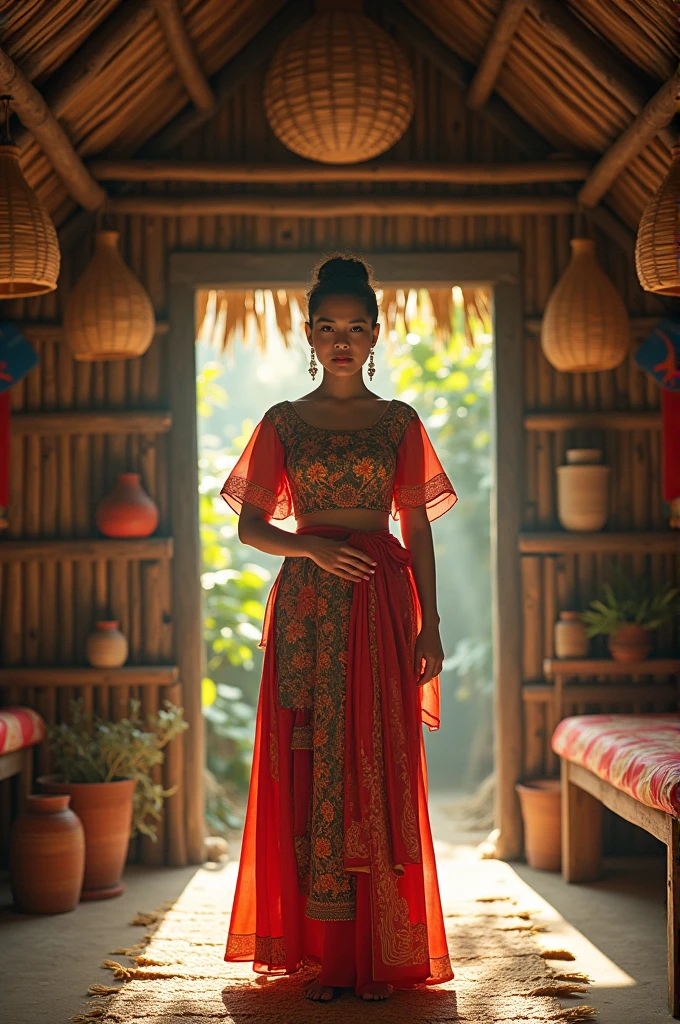 create a poster that the background was the inside of bahay kubo and there's filipino inside wearing a filipiana and barong