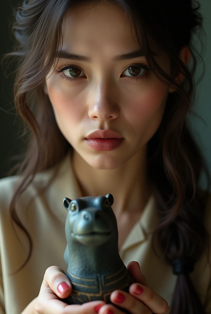 A close-up of the womans face, showing a conflicted expression, with the holding the holding A small, ancient Egyptian figurine of a goddess with a hippo head partially visible in her hands. The background is blurred