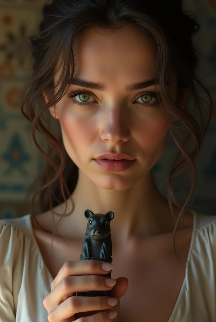 A close-up of the womans face, showing a conflicted expression, with the holding the holding A small, ancient Egyptian figurine of a goddess with a hippo head partially visible in her hands. The background is blurred