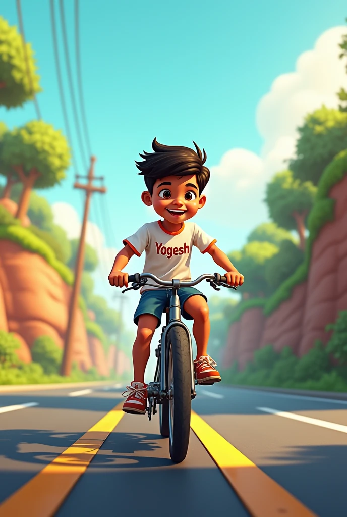 1 boy travel on the cucle his name is yogesh written on the t shirt 2d cartoon background is highway 