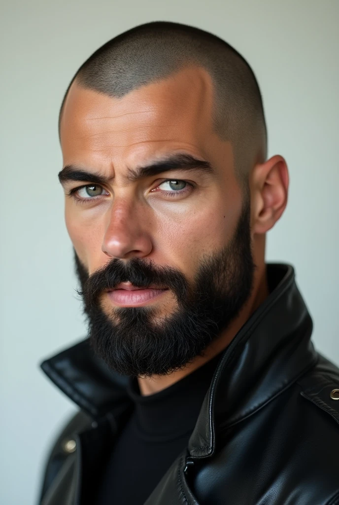 ((Best Quality)), ((masterpiece)), (detailed), 1 attractive young man, calvo, black beard, grey eyes, black leather jacket