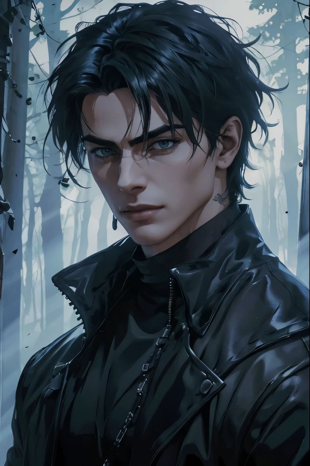 (an androgynous male assassin:1.1),wild black hair,green eyes,slim,black assassin clothing,in a castle,medium:oil painting,detailed background,moody lighting,vivid colors,dark and mysterious ambiance,ominous atmosphere