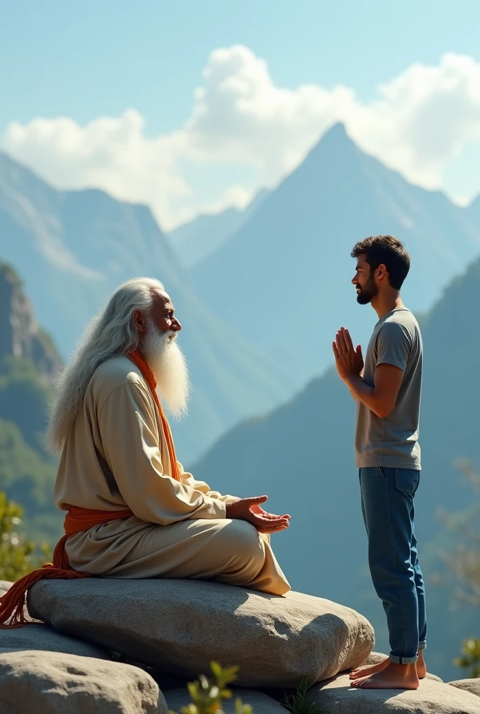 A beard man with age 70 doing yoga in front of a mountain, wise old indian guru, yoga meditation pose, standing pose on stones. A 30 years young Indian man is standing and namaskar to the 70 years old man. 30 years young Indian man wears grey t-shirt, blue pant, wears orange colour bag, his height is 5'9 feet, he don't wear any shoes