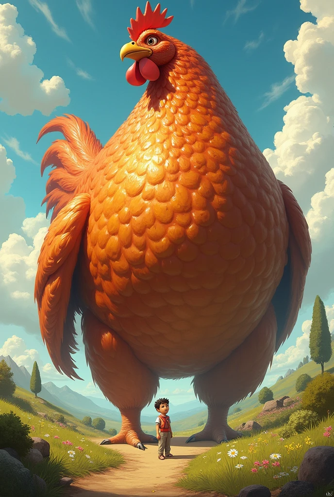 a super juicy giant roast chicken, with a little prince looking at him
