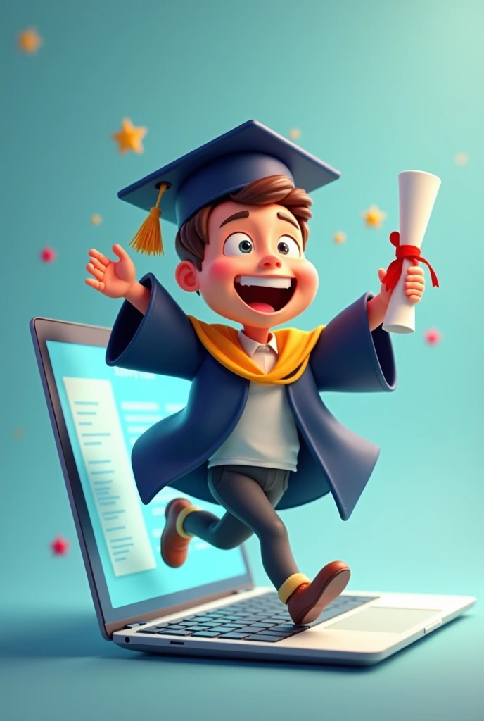 From a laptop comes a running man full bady wearing a graduation uniform, holding a graduation certificate, and very happy

, a 2D cartoon drawing with high detail.