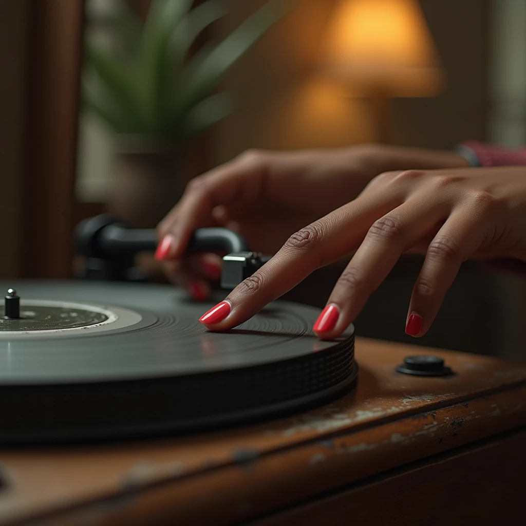 A black girl's finger pressing play on an old music player, beautiful finger nail