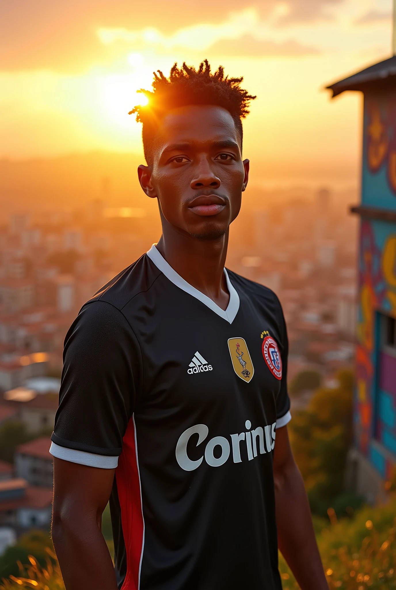 "Create an image of a young man in a favela, wearing the Corinthians mantle. He is standing on top of a hill, with a wide view of the city in the background, where the sun is rising. The young man displays an expression of pride and determination, with the black and white Corinthians jersey shining under the golden sunlight. ao redor, there are elements that represent the community, like colorful houses and graffiti on the walls, all transmitting a feeling of strength and unity."

