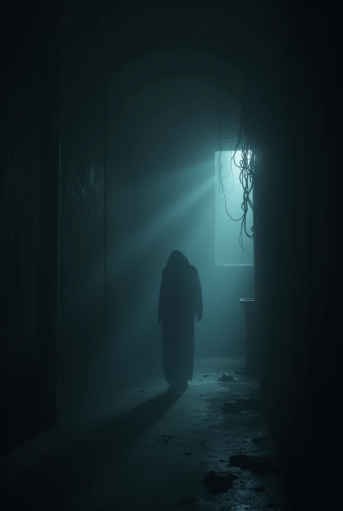 An interior shot of a dark, empty room with heavy, creeping shadows on the walls. The room is lit only by the occasional flicker of light, and ghostly, indistinct forms seem to move in the darkness, enhancing the feeling of an unseen presence.