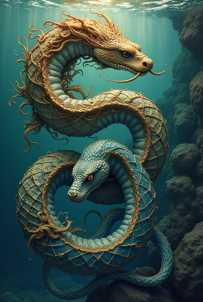 Snake representing the sea and snake representing the earth intertwined in the big word Portiño
