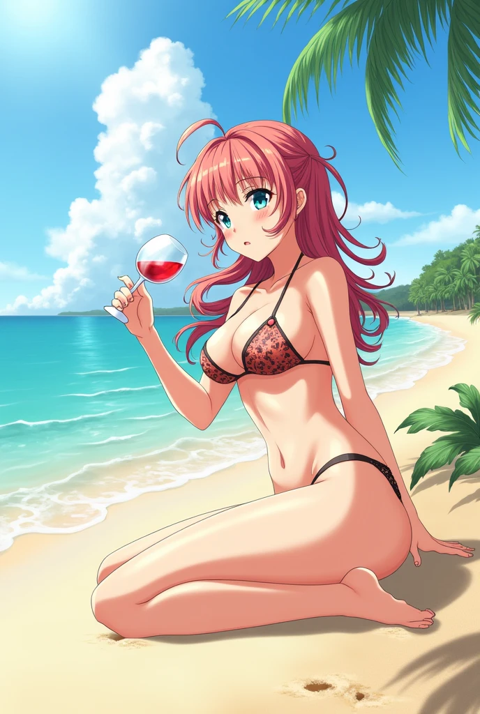 Miyako Saitou from oshi no ko anime in sexy bikni on beach
Holding glass of wine