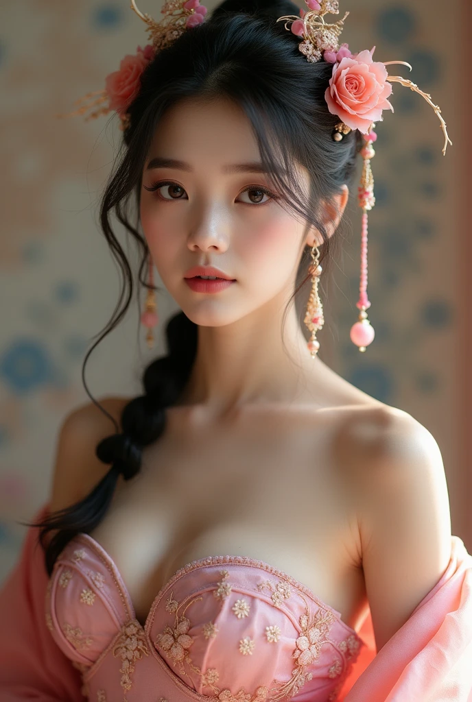 (earrings, breast), from side, male pov, 
(girl), (Bridal Accessories for hanfu Cheongsam Kwa Phoenix), (strapless), (shawl), (Cosplay photo), ((cleavage)), 
chill out, highres, french braid, heterochromia, 
((huge breast)), ((large breasts)), (mole), 
(looking at viewer), pink dress,stem thing,high heel
