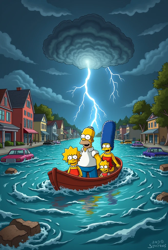 a simpsons style image in portrait ratio of a flood in Springfield with a thunderstorm going on, and the simpsons looking scared in a boat