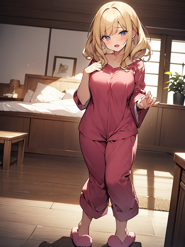 (Masterpiece, Top quality:1.5), full body, (1 beautiful girl, solo:1.2), (short height:1.3), (Cotton  Pajama Set with Fuzzy  Slippers1.3), Blonde hair:1.1, medium Hair, wavy Hair, asymmetry bangs, swept bangs, airy hair, large breasts:1.1, (sleepy-eyed:1.3), sleepy:1.2, beautiful scene of living room, magnificent panorama view, blurry background, open mouth, dynamic pose, dynamic angle