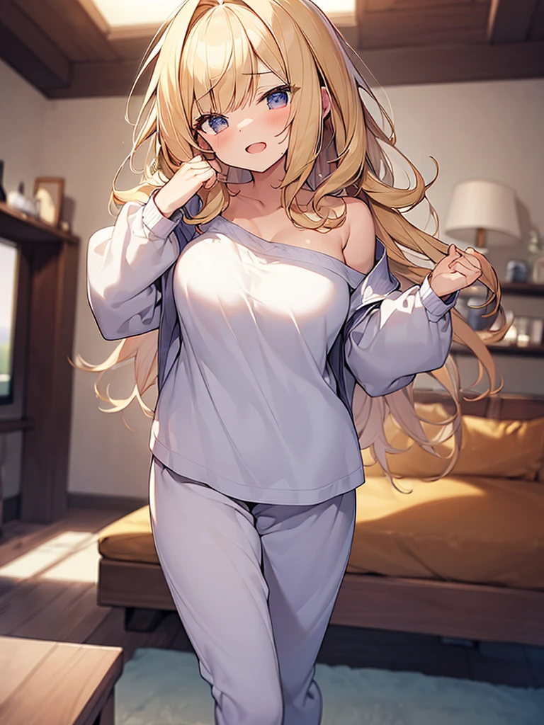 (Masterpiece, Top quality:1.5), full body, (1 beautiful girl, solo:1.2), (short height:1.3), (Cotton Pajama Set with Fuzzy Slippers1.3), Blonde hair:1.1, medium Hair, wavy Hair, asymmetry bangs, swept bangs, airy hair, large breasts:1.1, (sleepy-eyed:1.3), sleepy:1.2, beautiful scene of living room, magnificent panorama view, blurry background, open mouth, dynamic pose, dynamic angle