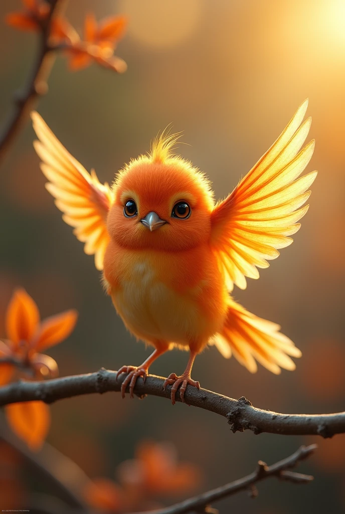 Fascinating close-up portrait of a beautiful little bird in soft light, Golden light of a quiet morning, The vibrant bokeh balls gently frame the delicate shape.. , The little bird is a child of the firebird and shines beautifully.., Extremely realistic photos, Beautifully luminous wings,