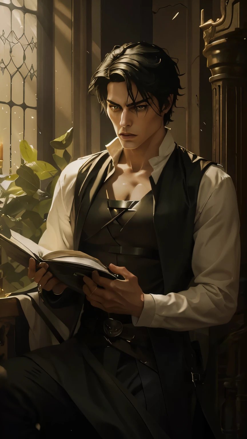 (an androgynous male assassin:1.1),wild black hair,green eyes,slim,black assassin clothing,in a castle,medium:oil painting,detailed background,moody lighting,vivid colors,dark and mysterious ambiance,ominous atmosphere