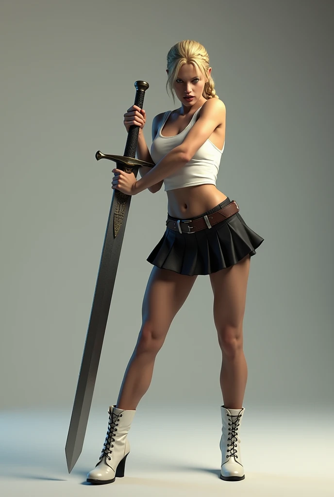 Super realistic, Cinema 4D rendering, Game Character, Low-angle shot, from below, 1 lady, whole body. Strike a pose with a Dragon Slayer, grip the sword anatomically correctly, Single Braided blonde pony tail, parted bangs, forehead, wearing a white camisole and black pleated mini skirt, white high cut underwear, black pantyhose, white Lace-up boots, glaring at the viewer, simple color background