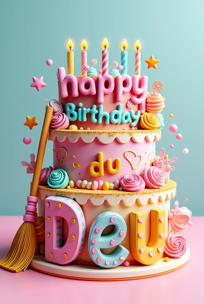 Create an image with the text HAPPY BIRTHDAY DEU in Spanish 3D letters image of a cake and a broom decorated in 3D