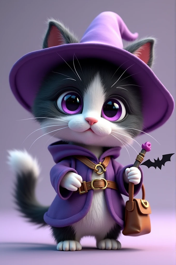 C4d model, chibi-style, humanoid cat, with long, fluffy black-and-white fur, wearing a little witch's outfit with a purple robe and pointed hat. The cat has purple eyes, a tiny wand in its paw, and a cute bat-shaped bag slung over its shoulder