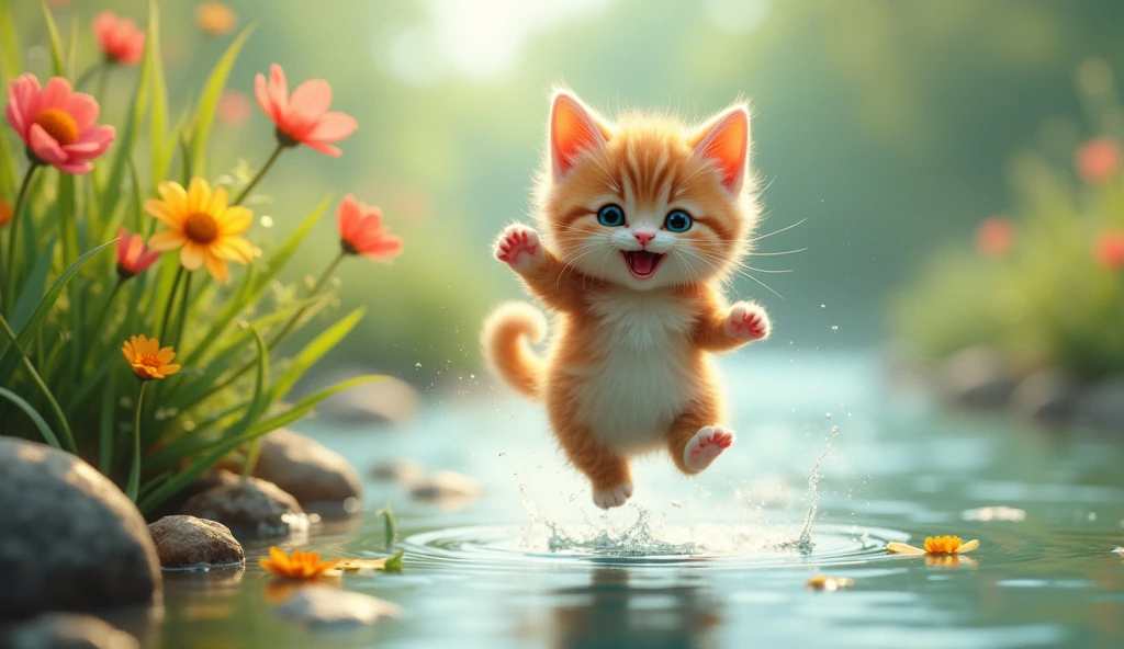 Create an image of a serene riverside scene where a playful kitten, Whiskers, dances with the breeze. The kitten is surrounded by gently swaying reeds and wildflowers, with the river flowing calmly in the background. The scene captures the joy and freedom of the kitten as it leaps and twirls in the fresh, airy environment."