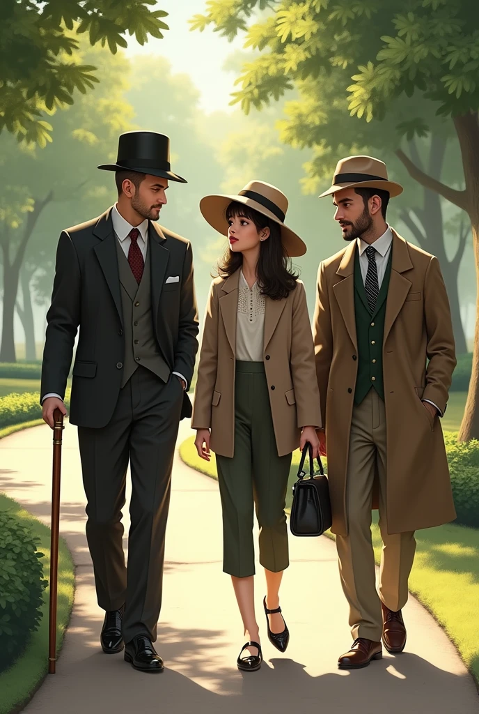 depict 3 people. a girl in a hat and 2 men with a cane. They are walking in the park discussing the news. everything is drawn in realism