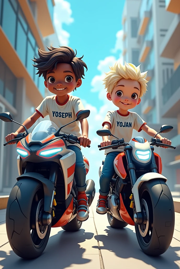 Two teenage boys with the names Yojan and Yoseph on their shirts, the one with the name Yoseph with brown skin and the one with the name Yojan with white skin on futuristic motorcycles