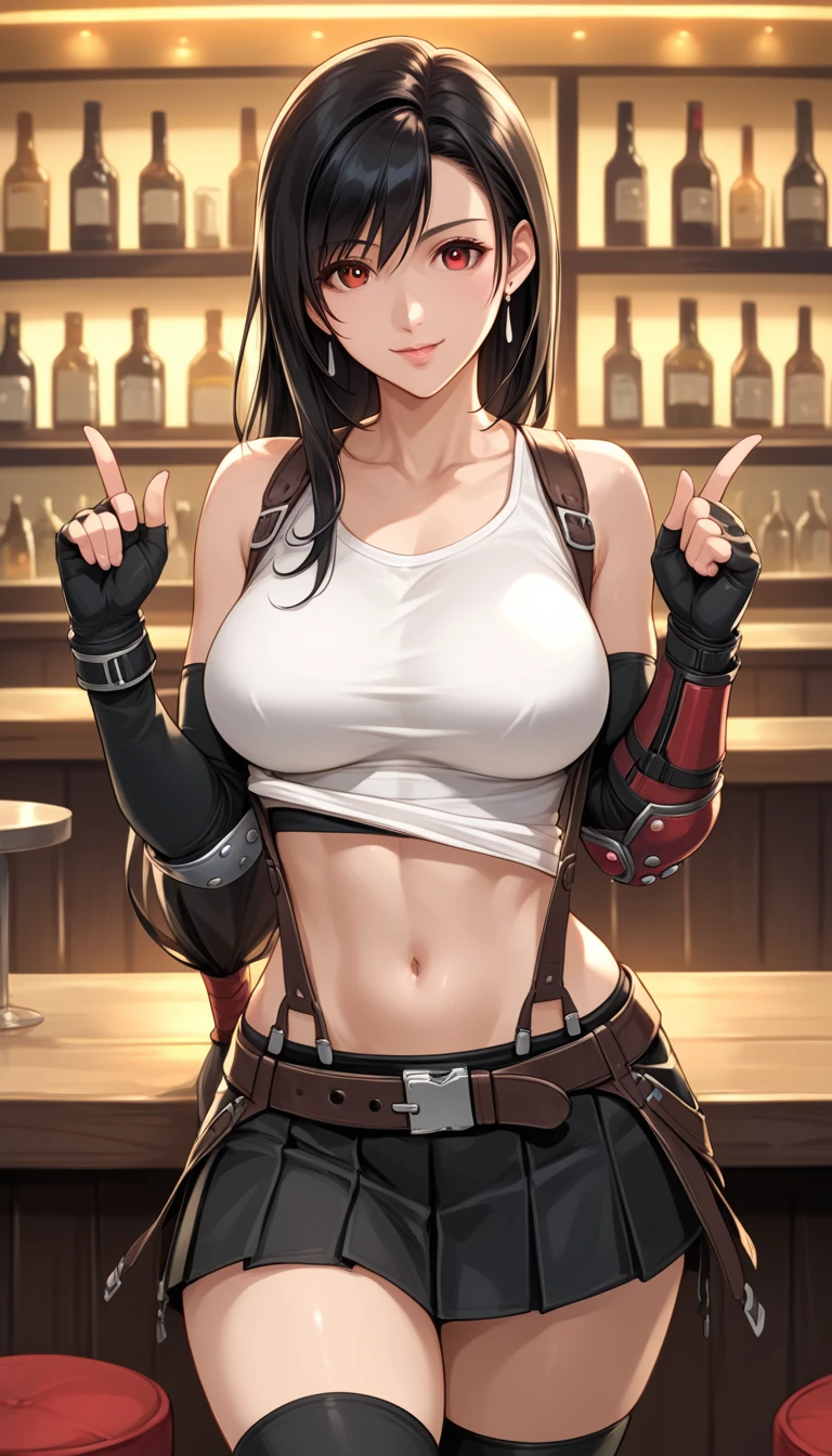 Izayoi Seishin artstyle, (score_9, score_8_up, score_7_up), (best quality, masterpiece),perfect anatomy,(aesthetic,very aesthetic),official style, (ultra-high resolution), 1girl, tifa lockhart, final fantasy,(beautiful woman).tareme, black hair, low-tied long hair, red eyes, bangs, white tank top,gap, belt, pleated skirt, thighhighs, elbow fingerless gloves, elbow pads, midriff, navel,suspender skirt.zettai ryouiki ,(front view),straight-on,(large_breasts:1.2),Solo,mediumshot,looking_at_viewer,contrapposto, vibrant, joyful,cafe and bar, ,Framin,(,tanktop lift),