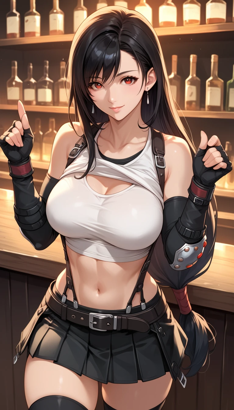 Izayoi Seishin artstyle, (score_9, score_8_up, score_7_up), (best quality, masterpiece),perfect anatomy,(aesthetic,very aesthetic),official style, (ultra-high resolution), 1girl, tifa lockhart, final fantasy,(beautiful woman).tareme, black hair, low-tied long hair, red eyes, bangs, white tank top,gap, belt, pleated skirt, thighhighs, elbow fingerless gloves, elbow pads, midriff, navel,suspender skirt.zettai ryouiki ,(front view),straight-on,(large_breasts:1.2),Solo,mediumshot,looking_at_viewer,contrapposto, vibrant, joyful,cafe and bar, ,Framin,(,tanktop lift),