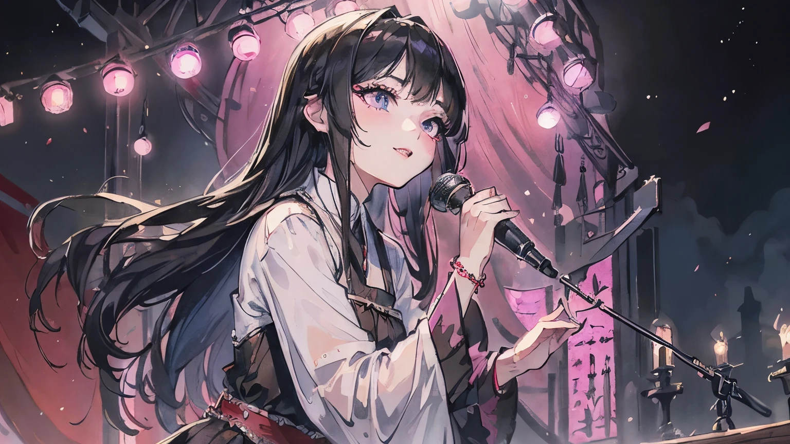 ((masterpiece)), Highest quality, (8k, Highest quality, masterpiece: 1.2), Very detailed, 大聖殿で女性1人がsinging、Black Hair、Long Hair、Dark purple blouse shirt（Short sleeve）、bracelet、Pink Lips、Big eyes、Double eyelids、Beauty、Beautiful Eyes、singer、stage、Spot Light、Gorgeous lighting、Sad expression、Highest quality、最高masterpiece、Extremely detailed、Upper body composition、Front angle、singing、smile、cool、Front composition、Age 25、Upper body close-up、Beautiful light、