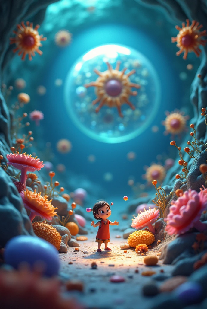 En una cheda animada, You see a cell full of activity. A little character, he "Energy Explorer", appears in front of a large organ called Mitochondr