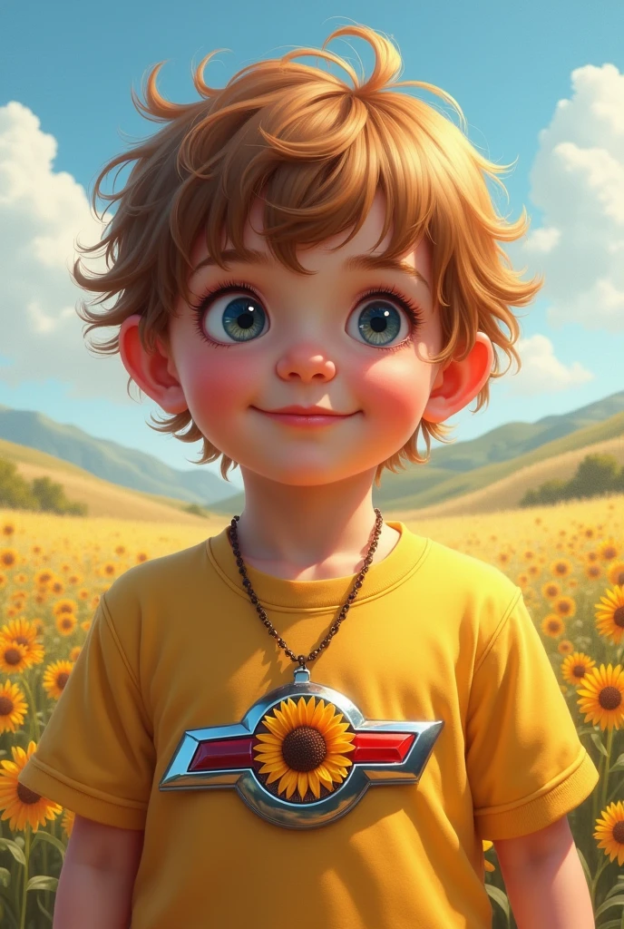 with shirt with auto symbol and sunflower necklace