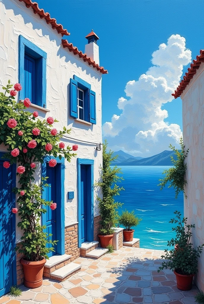 A captivating impasto painting featuring a charming little blue and white house perched along the tranquil shores of the Aegean Sea in Turkey. The house, adorned with traditional details, stands out against the sky with its blue upper half. The crystalline waters boast a Caribbean blue hue, reflecting the serene atmosphere. A rose bush stretches from the house to its neighbor, adorned with a few delicate blooms. A narrow alley connects the houses to the water's edge, inviting viewers to imagine the gentle lapping of the waves. The artist's skill is evident in the textured brushstrokes, adding depth and dimension to this idyllic scene.