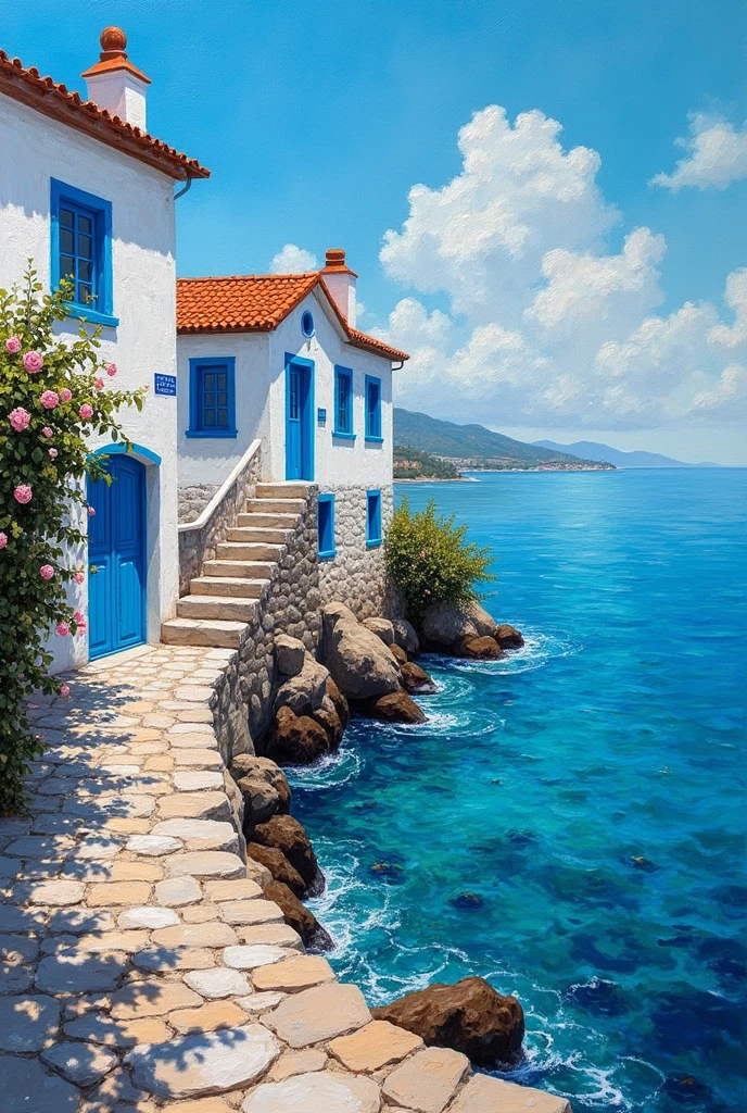 A captivating impasto painting featuring a charming little blue and white house perched along the tranquil shores of the Aegean Sea in Turkey. The house, adorned with traditional details, stands out against the sky with its blue upper half. The crystalline waters boast a Caribbean blue hue, reflecting the serene atmosphere. A rose bush stretches from the house to its neighbor, adorned with a few delicate blooms. A narrow alley connects the houses to the water's edge, inviting viewers to imagine the gentle lapping of the waves. The artist's skill is evident in the textured brushstrokes, adding depth and dimension to this idyllic scene.