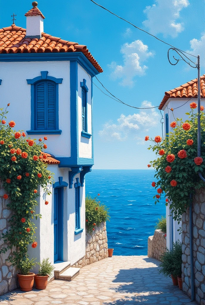A captivating impasto painting featuring a charming little blue and white house perched along the tranquil shores of the Aegean Sea in Turkey. The house, adorned with traditional details, stands out against the sky with its blue upper half. The crystalline waters boast a Caribbean blue hue, reflecting the serene atmosphere. A rose bush stretches from the house to its neighbor, adorned with a few delicate blooms. A narrow alley connects the houses to the water's edge, inviting viewers to imagine the gentle lapping of the waves. The artist's skill is evident in the textured brushstrokes, adding depth and dimension to this idyllic scene.