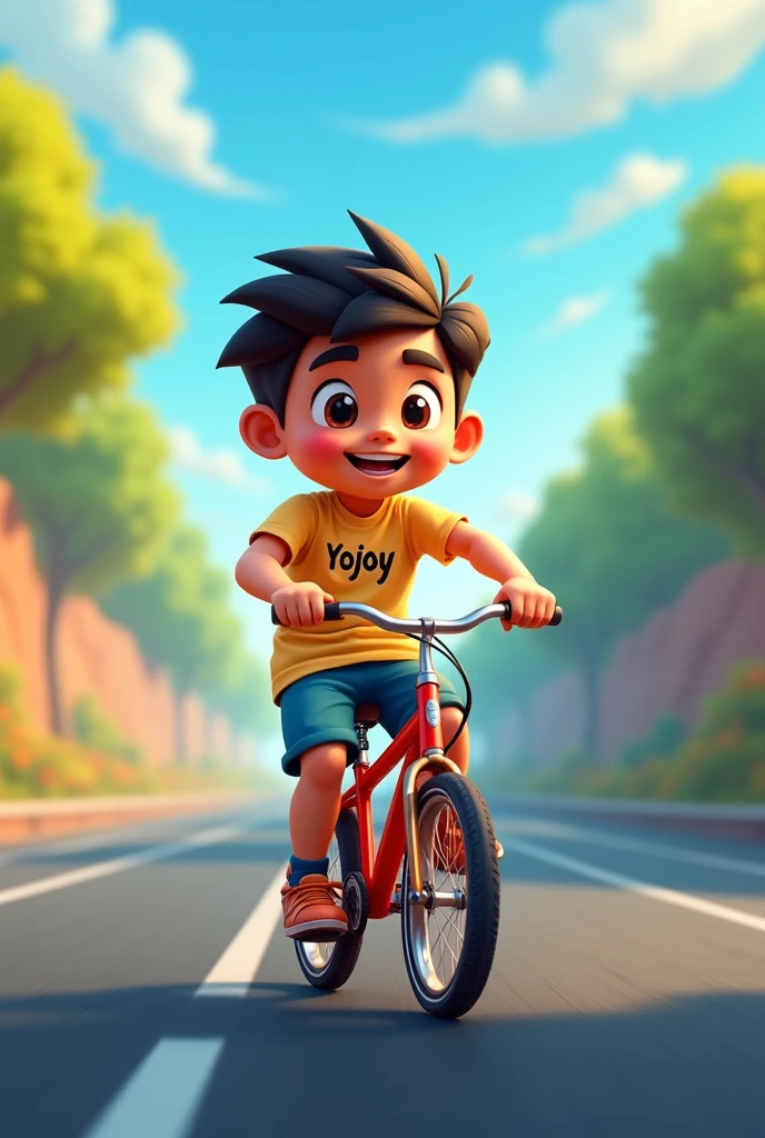 1 boy travel on the cucle his name is yogesh written on the t shirt 2d cartoon background is highway back side text enjoy