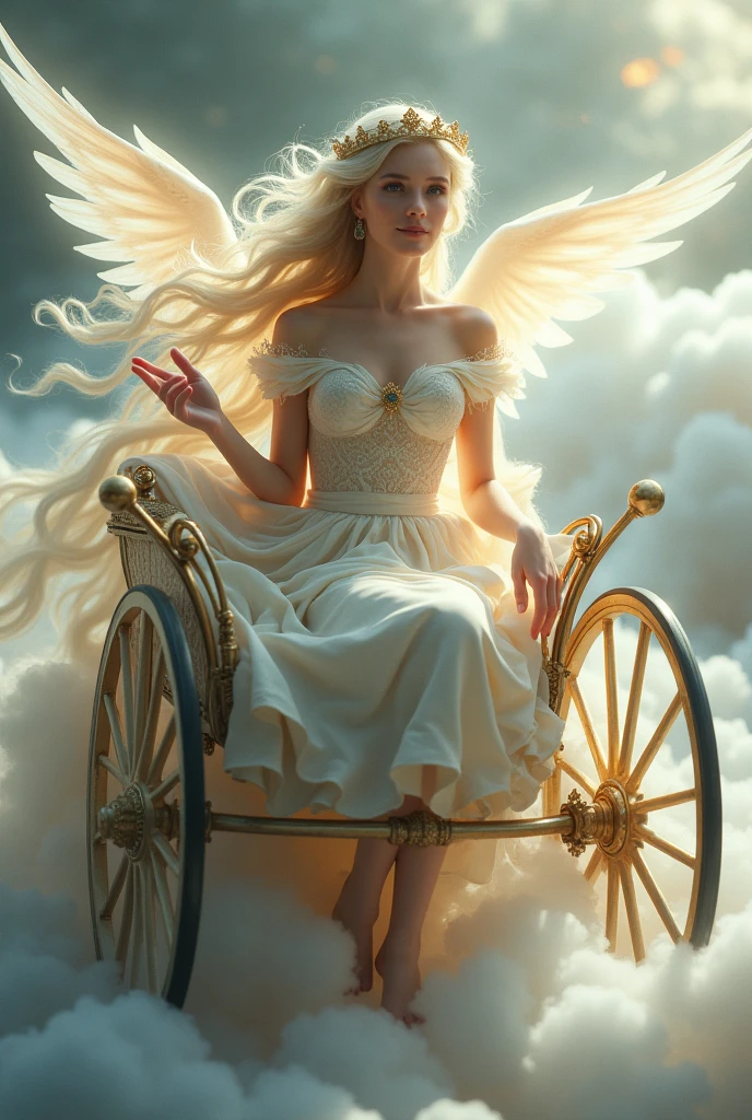 The nymph of heaven is the most beautiful woman in a buggy surrounded by clouds