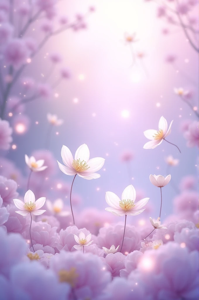 Mystical pastel purple background with glitter and white flowers and petals. Image should have magical feel