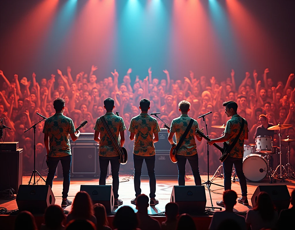 stage concert with many audience, The Floral Shirts, 5 males (3 guitar 1 keyboard, 1 drummer)