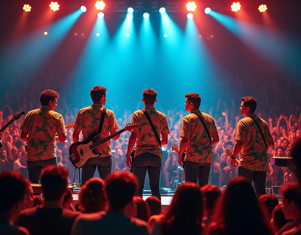 stage concert with many audience, The Floral Shirts, 5 males (3 guitar 1 keyboard, 1 drummer)
