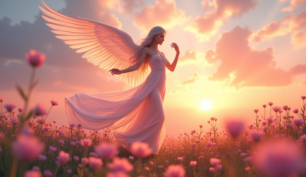 An elegant goddess with long, silvery hair dances gracefully in a field of blooming flowers. She is dressed in a revealing, ethereal outfit made of light fabrics that float around her as she moves. Her wings are large and luminous, reflecting the colors of the sunrise. The ground beneath her feet glows with an otherworldly light, and the sky above is painted with shades of pink, orange, and gold, embodying the essence of a radiant morning. Aim for realistic depiction, make sure photos are at highest resolution (8K)