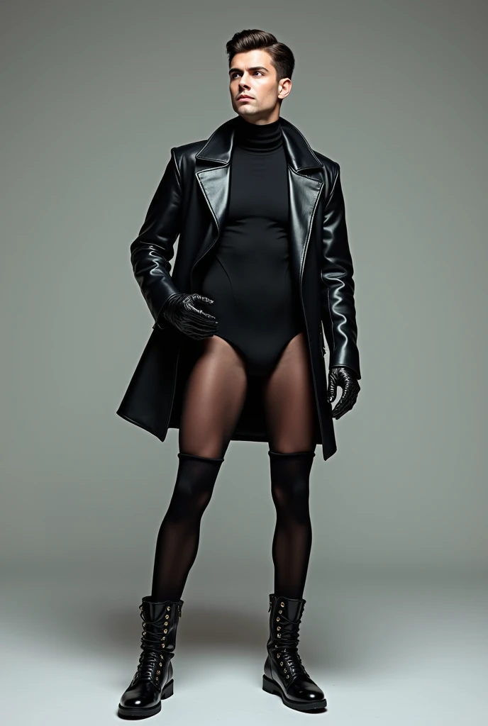 Create a photo of a handsome man wearing a black leotard, completely black thigh-high stockings, that she is wearing translucent pants over the stockings that allow you to see the stockings underneath, a leather jacket, gloves and black boots