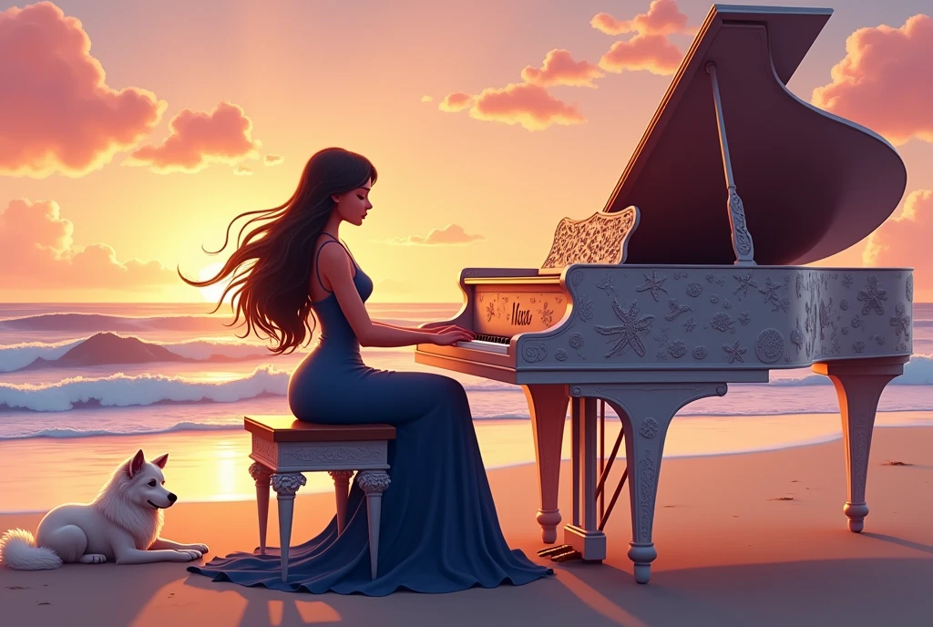 "A warm, fantasy cartoon-style scene featuring a graceful woman playing the piano on a tranquil beach at sunset. The woman, with long, flowing hair moving gently in the ocean breeze, wears an elegant, navy blue dress that drapes beautifully. The piano she plays is a beautifully crafted, ornate instrument with intricate designs inspired by seashells and starfish. The name 'Nura' is elegantly engraved on the front of the piano in a flowing, stylish script. Beside her, a loyal and fluffy dog rests peacefully, gazing at her with affection. The sky, awash with hues of pink, orange, and purple as the sun sets, casts a warm, golden light over the scene, creating an atmosphere of calm and enchantment."