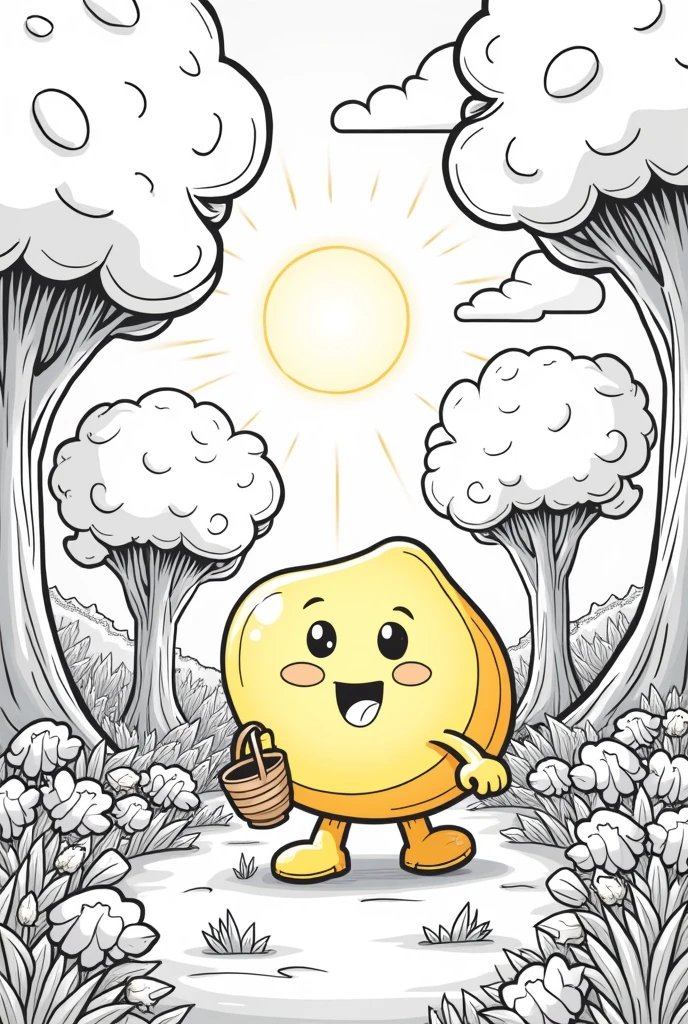candy, a yellow candy shaped like a , is walking happily through the Sweet Forest. The forest is full of trees with marshmallow leaves, and colorful flowers made of candy. candy carrega uma cesta vazia, looking curiously at the surrounding trees. Ao fundo, you can see the sun shining with rays that seem to be made of honey, softly illuminating the scene. crie uma imagem em preto e branco, it's a coloring page, in cartoon style