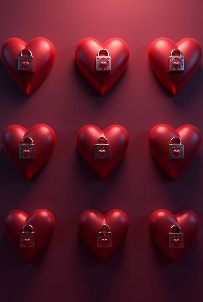romantic image with 9 hearts arranged in the center 3x3, all at the same distance from the viewer, hearts have a lock inside them, shades of romantic red mixed with naughty purple conveying sensuality. all hearts the same, no difference between them