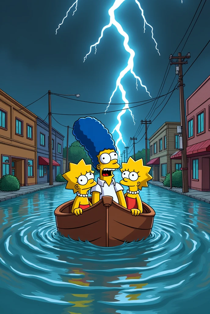 a simpsons style image in portrait ratio of a flood in Springfield with a thunderstorm going on, and the simpsons looking terrified in a boat